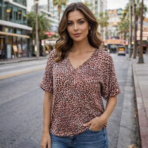 Laura Petites Viscose Blend Animal Print V-Neck Blouse |Lightweight Short Sleeve